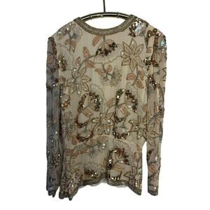 Vintage Hero Industries Beaded Top Womens Medium Beige Gold Floral Silk Blouse